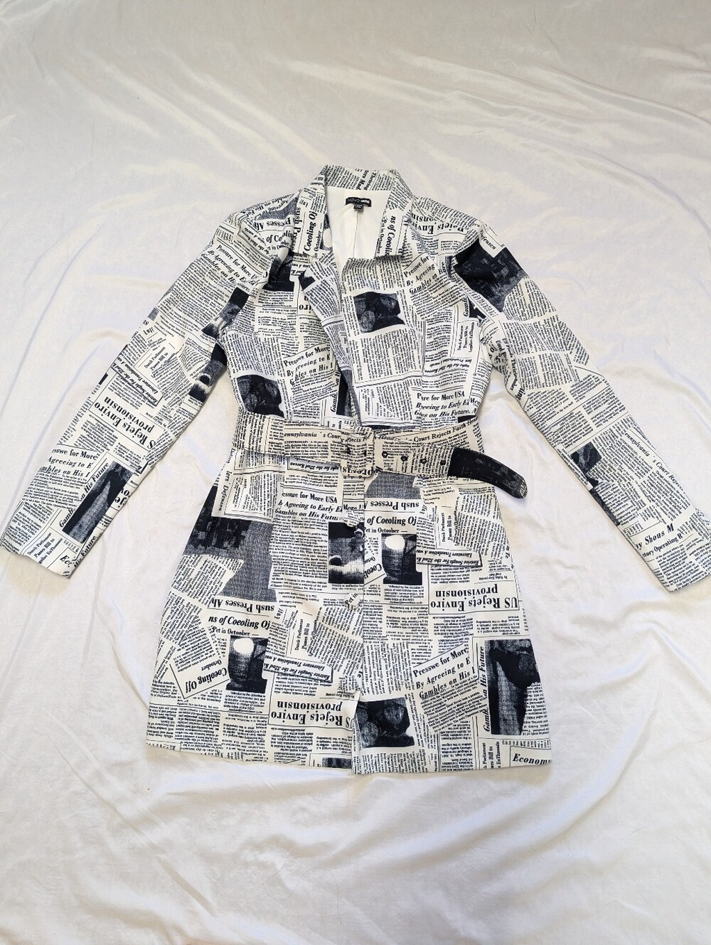 Newspaper Print Statement Fashion Nova Long Line Mid-weight Belted Trench Coat